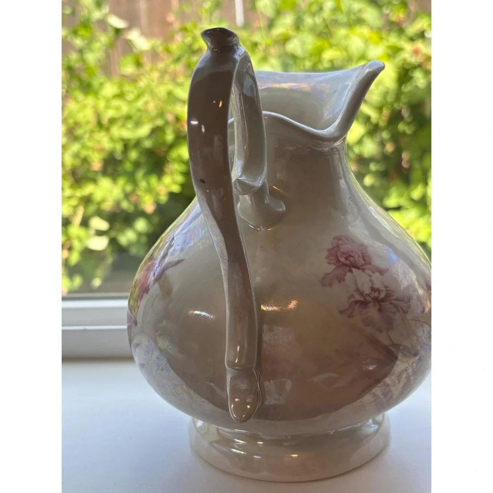 Vintage Arnels Ceramic Pitcher, Iris Floral Painting, Signed Collectible